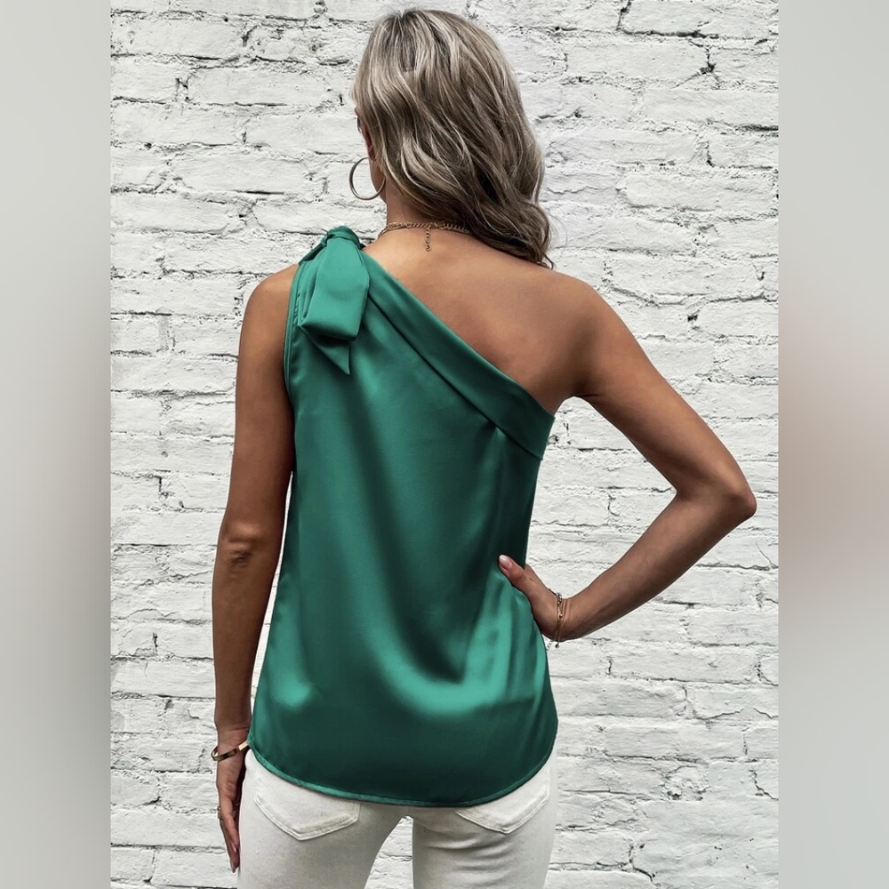 Knot Detail One Shoulder Satin Blouse By Shein - Picture 2 of 6